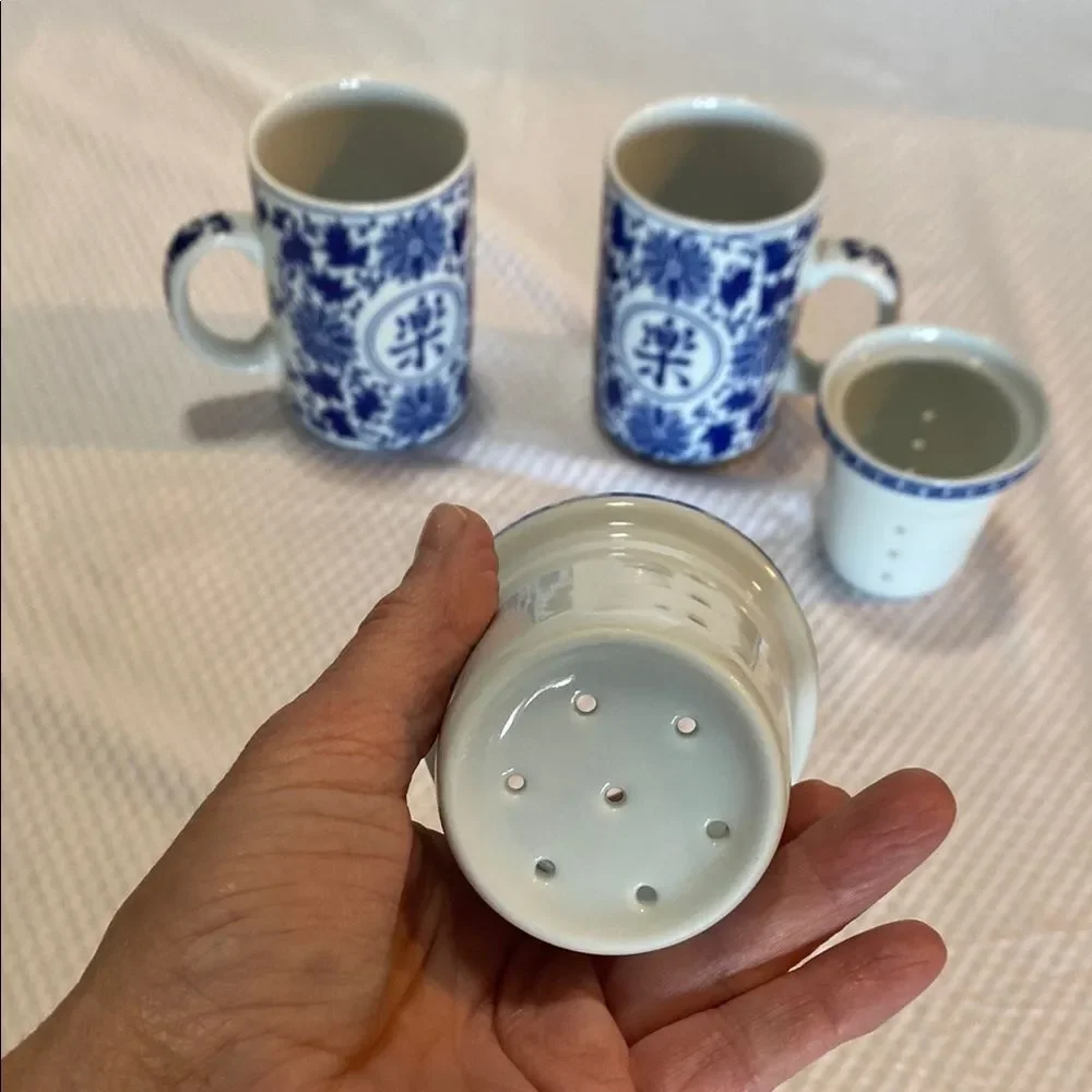 Pier 1 Blue and White “Happiness” Japanese Porcelain Tea Mug Set
